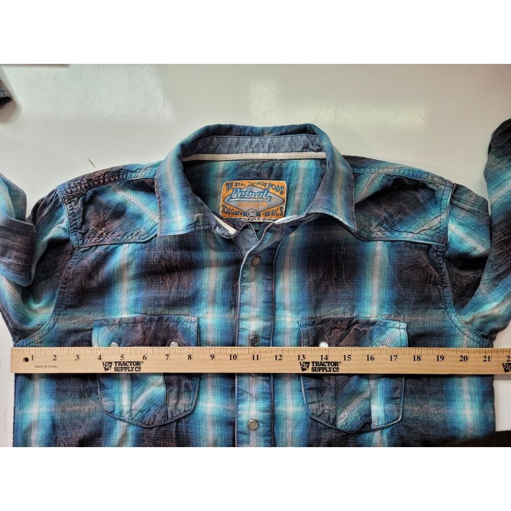 Petrol Industries Mens L Plaid Western Shirt Pearl Snap Blue Brown 100% Cotton - Picture 3 of 12